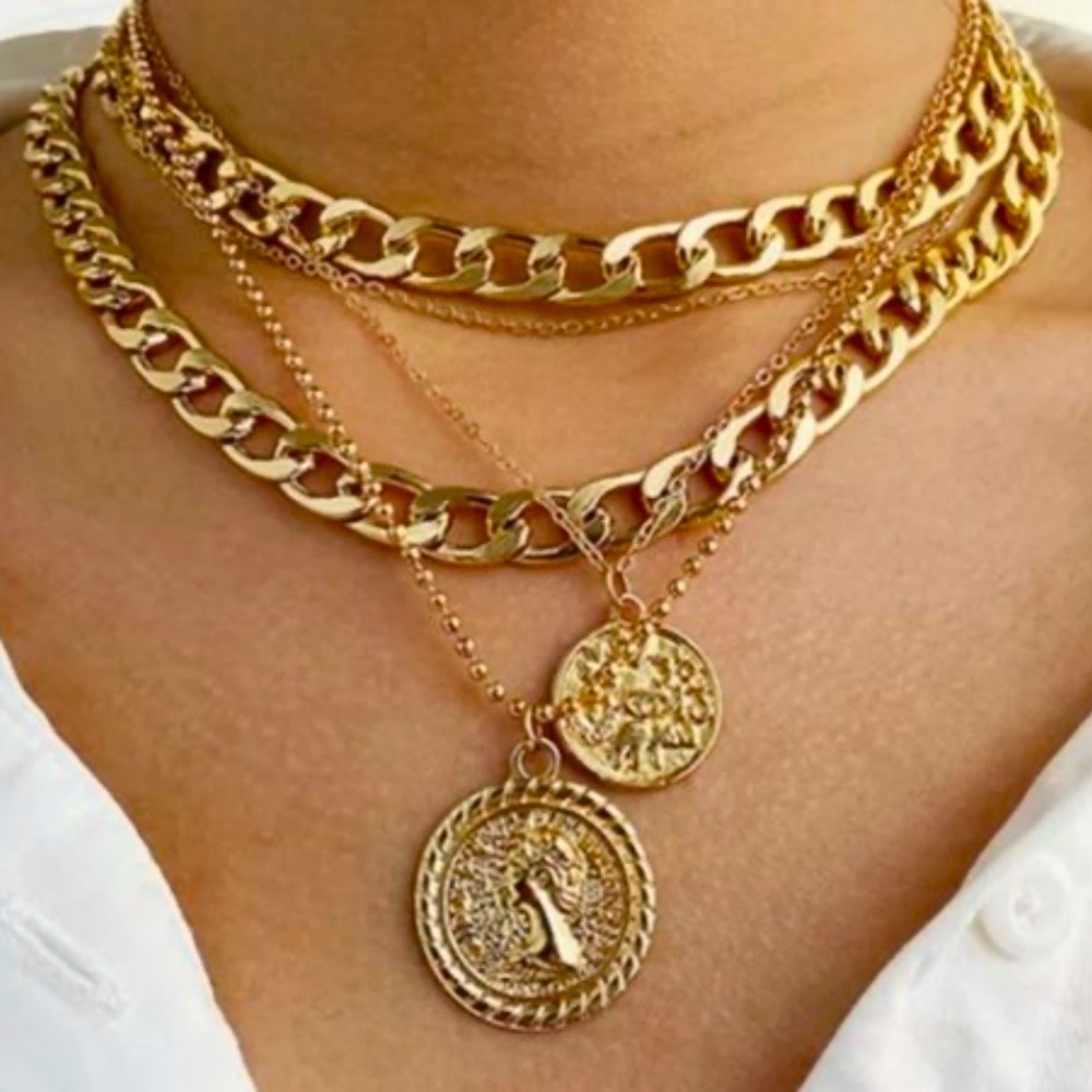 Free People Multi-layer layered Gold cuban Thick Chain Portrait Coin Necklace - Picture 5 of 6